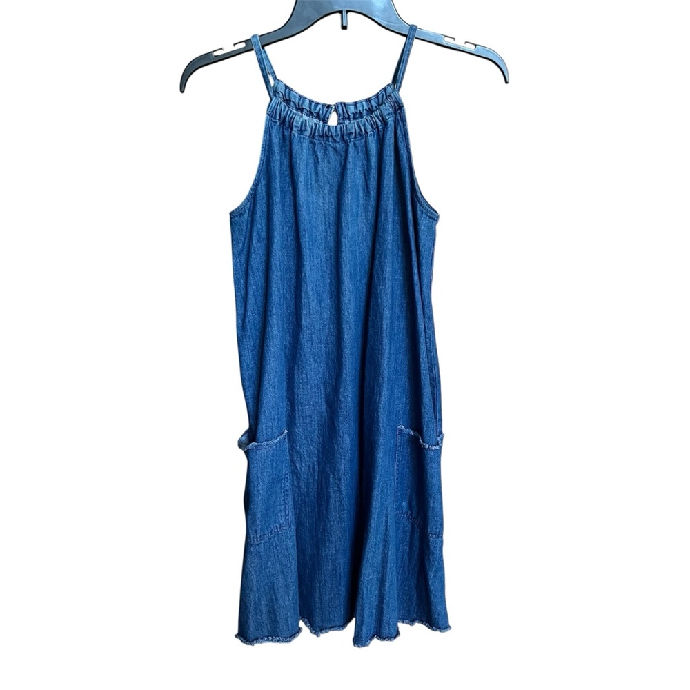 Old Navy Sleeveless Denim Dress V Neck Frayed Pockets And Hem Size S Tall Cotton